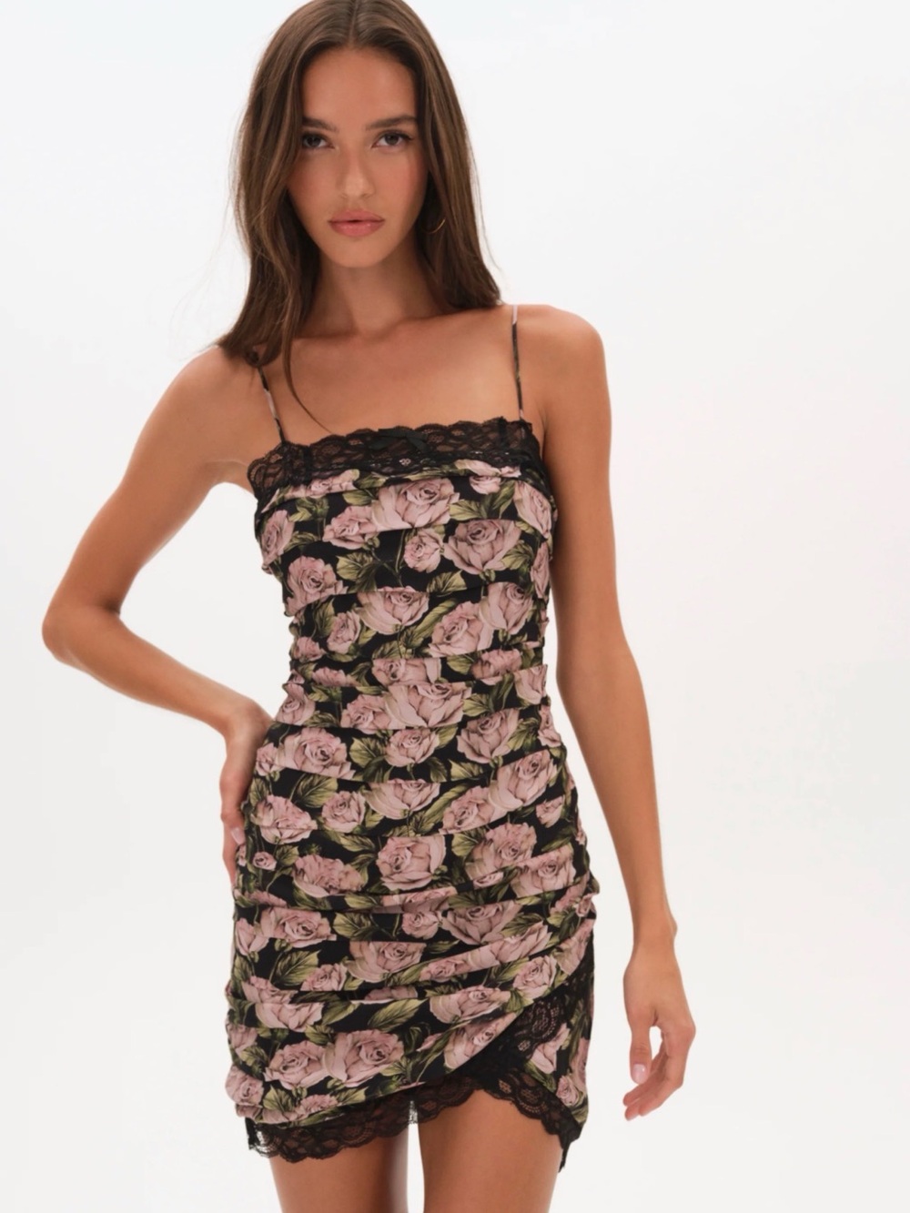 For Love And Lemons Black and Pink Rose-Print Lace-Trim Mini Dress